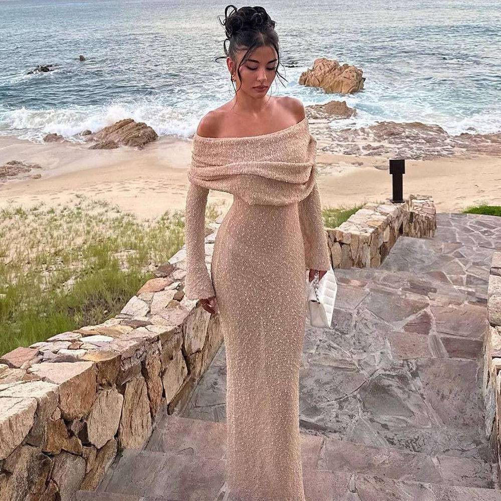 New One-shoulder Knitted Long-sleeved Dress Sexy Beach Holiday Long Dresses Womens Clothing - ALL-IN-ONE GENSTORE & SERVICES