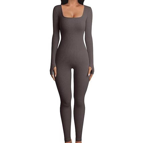 Women's Yoga Sports Fitness Jumpsuit Workout Long Sleeve Square Collar Clothing - ALL-IN-ONE GENSTORE & SERVICES