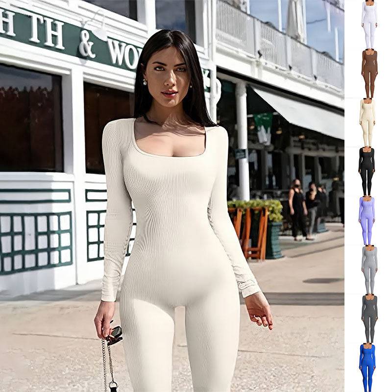 Women's Yoga Sports Fitness Jumpsuit Workout Long Sleeve Square Collar Clothing - ALL-IN-ONE GENSTORE & SERVICES