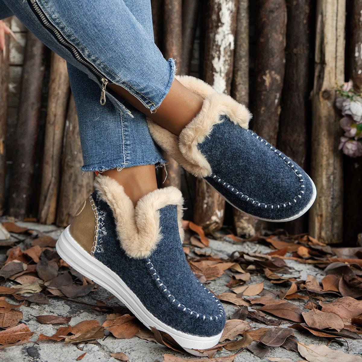 Plus Size Fleece-lined Thicker Raw Edge Warm Flat Bottom Cotton Shoes - ALL-IN-ONE GENSTORE & SERVICES