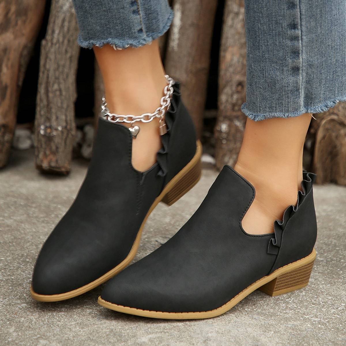 Flat Chunky Heel Fashion Shoes Women's Solid Color Pointed Martin Boots - ALL-IN-ONE GENSTORE & SERVICES