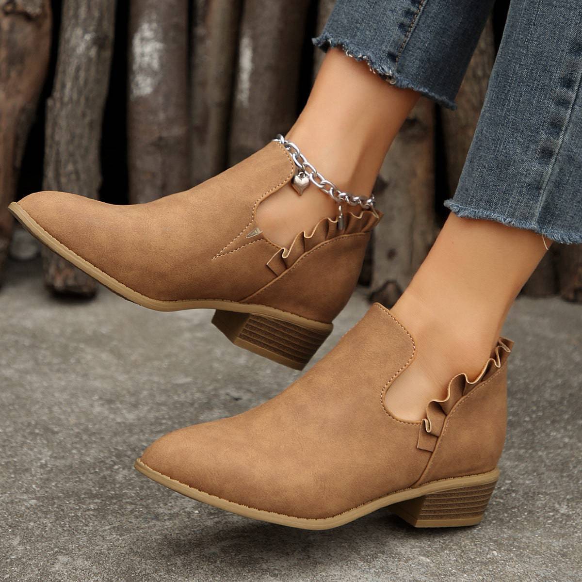 Flat Chunky Heel Fashion Shoes Women's Solid Color Pointed Martin Boots - ALL-IN-ONE GENSTORE & SERVICES