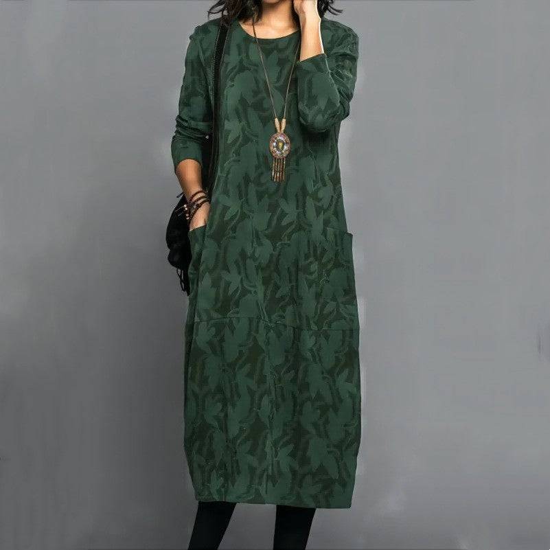 Retro Crew Neck Mid-waist Sleeve Knitted Mid-length A- Line Dress - ALL-IN-ONE GENSTORE & SERVICES