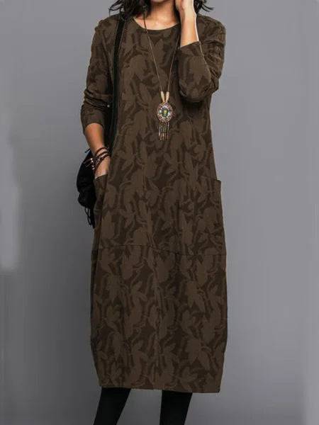 Retro Crew Neck Mid-waist Sleeve Knitted Mid-length A- Line Dress - ALL-IN-ONE GENSTORE & SERVICES