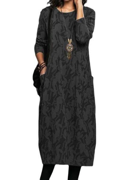 Retro Crew Neck Mid-waist Sleeve Knitted Mid-length A- Line Dress - ALL-IN-ONE GENSTORE & SERVICES