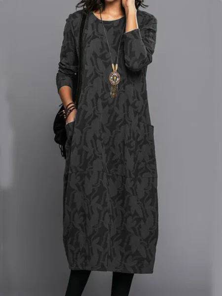Retro Crew Neck Mid-waist Sleeve Knitted Mid-length A- Line Dress - ALL-IN-ONE GENSTORE & SERVICES