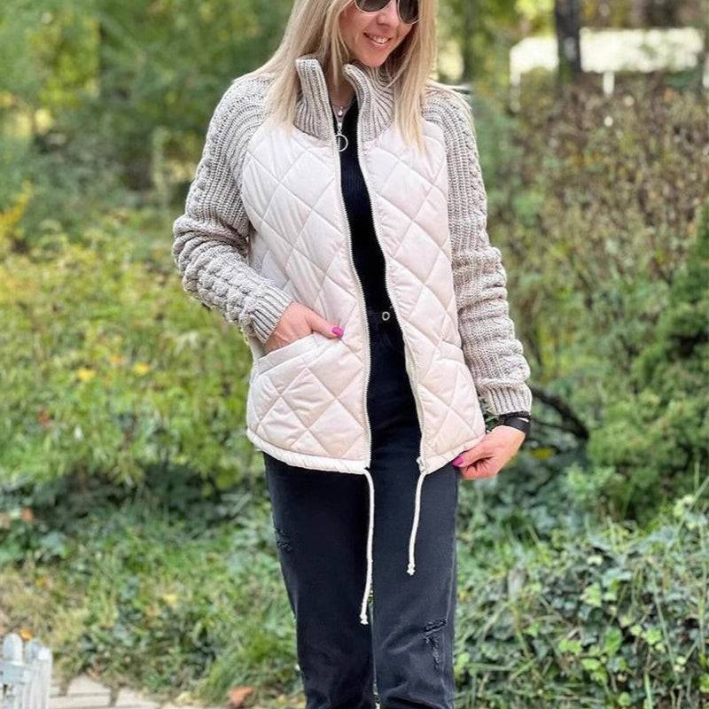 Stand Collar Cotton Jacket With Pockets Fashion Knitted Stitching Zipper Coat Winter Warm Tops For Women - ALL-IN-ONE GENSTORE & SERVICES