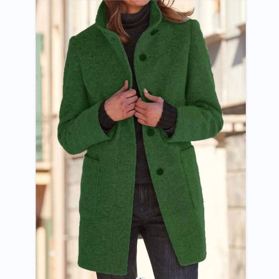Fashion Stand Collar Woolen Coat With Pockets Fall Winter Casual Button Outwear For Women Clothing - ALL-IN-ONE GENSTORE & SERVICES