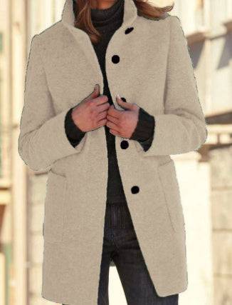 Fashion Stand Collar Woolen Coat With Pockets Fall Winter Casual Button Outwear For Women Clothing - ALL-IN-ONE GENSTORE & SERVICES