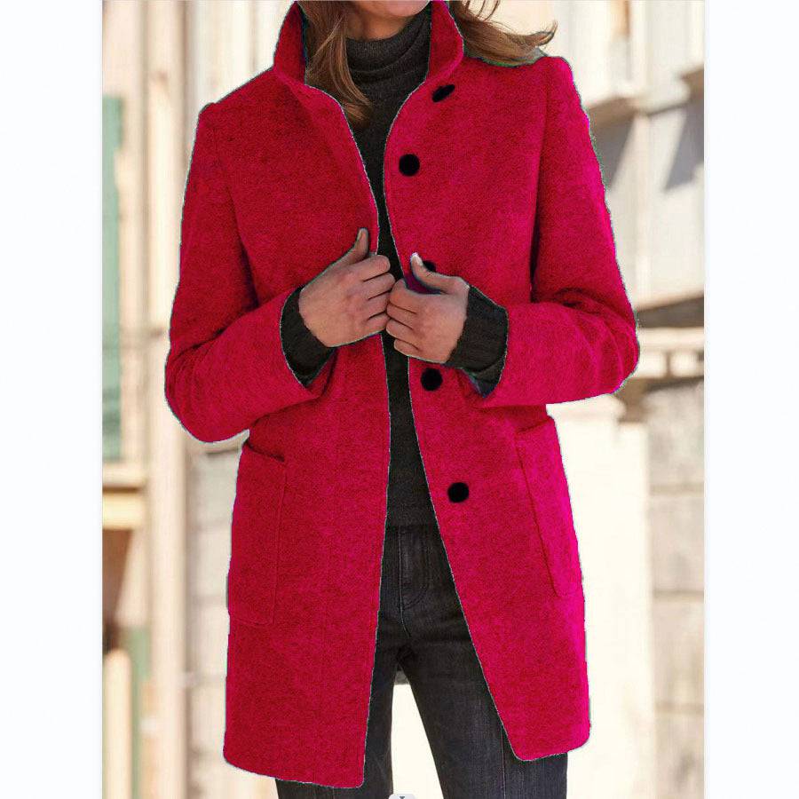 Fashion Stand Collar Woolen Coat With Pockets Fall Winter Casual Button Outwear For Women Clothing - ALL-IN-ONE GENSTORE & SERVICES