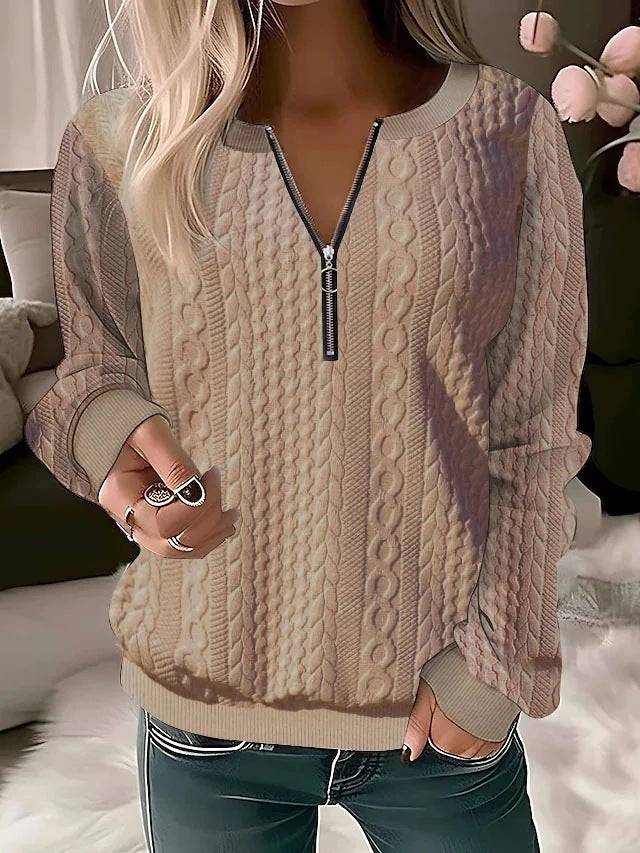 European And American Autumn And Winter New Women's Long Sleeve Solid Color And V-neck Zipper T-shirt - ALL-IN-ONE GENSTORE & SERVICES