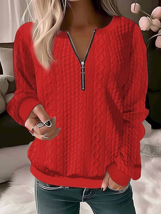 European And American Autumn And Winter New Women's Long Sleeve Solid Color And V-neck Zipper T-shirt - ALL-IN-ONE GENSTORE & SERVICES
