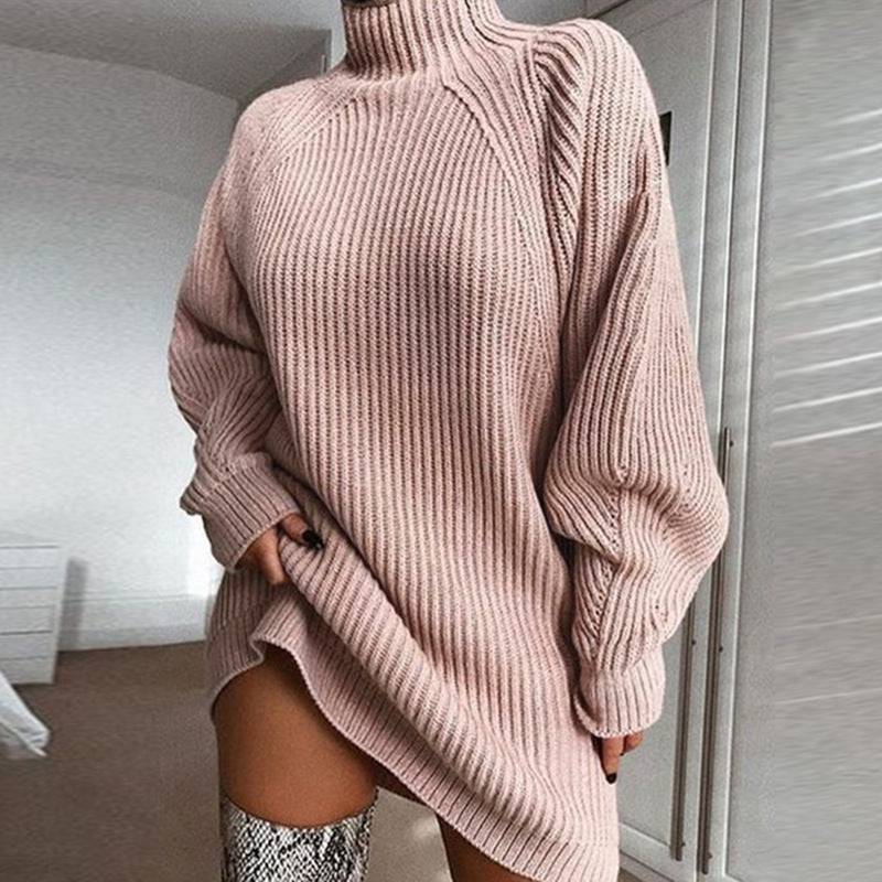 Long Sweater Dress with Solid Turtleneck for Women - ALL-IN-ONE GENSTORE & SERVICES