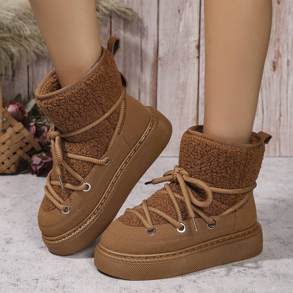 Fashion Lace-up Snow Boots Winter Flat Thick-soled Height-enhancing Cotton Shoes For Women Casual Warm Short Boot - ALL-IN-ONE GENSTORE & SERVICES