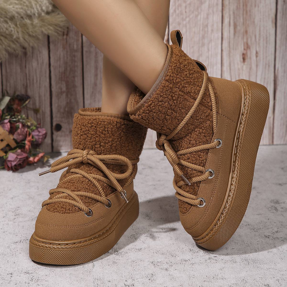 Fashion Lace-up Snow Boots Winter Flat Thick-soled Height-enhancing Cotton Shoes For Women Casual Warm Short Boot - ALL-IN-ONE GENSTORE & SERVICES