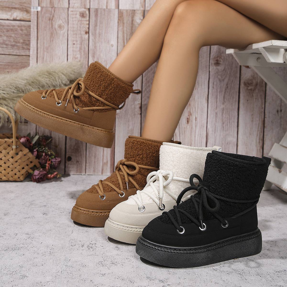 Fashion Lace-up Snow Boots Winter Flat Thick-soled Height-enhancing Cotton Shoes For Women Casual Warm Short Boot - ALL-IN-ONE GENSTORE & SERVICES