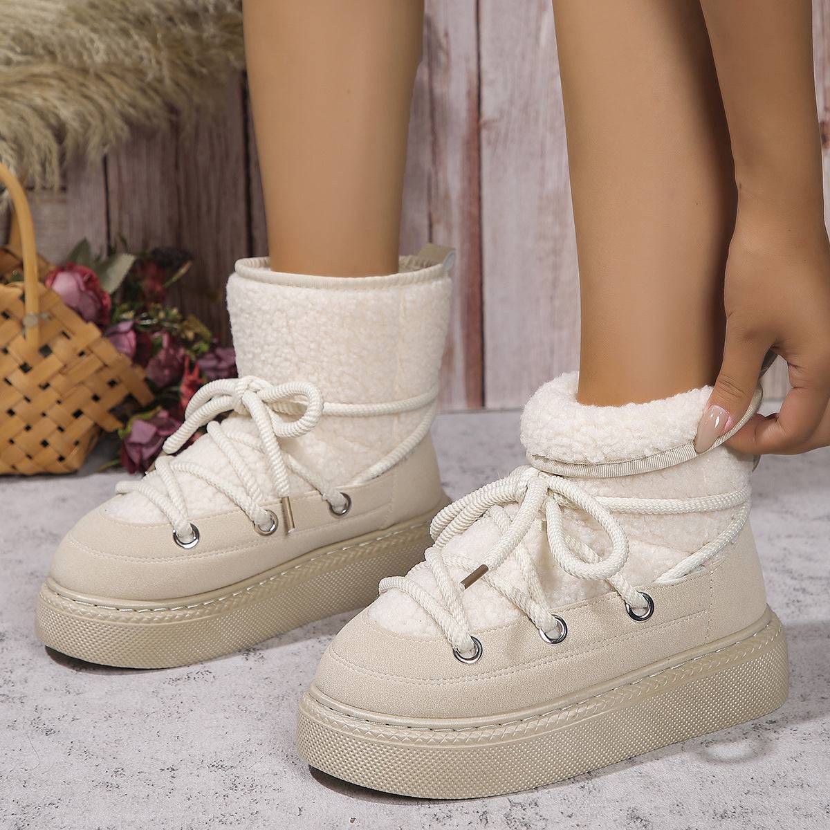 Fashion Lace-up Snow Boots Winter Flat Thick-soled Height-enhancing Cotton Shoes For Women Casual Warm Short Boot - ALL-IN-ONE GENSTORE & SERVICES