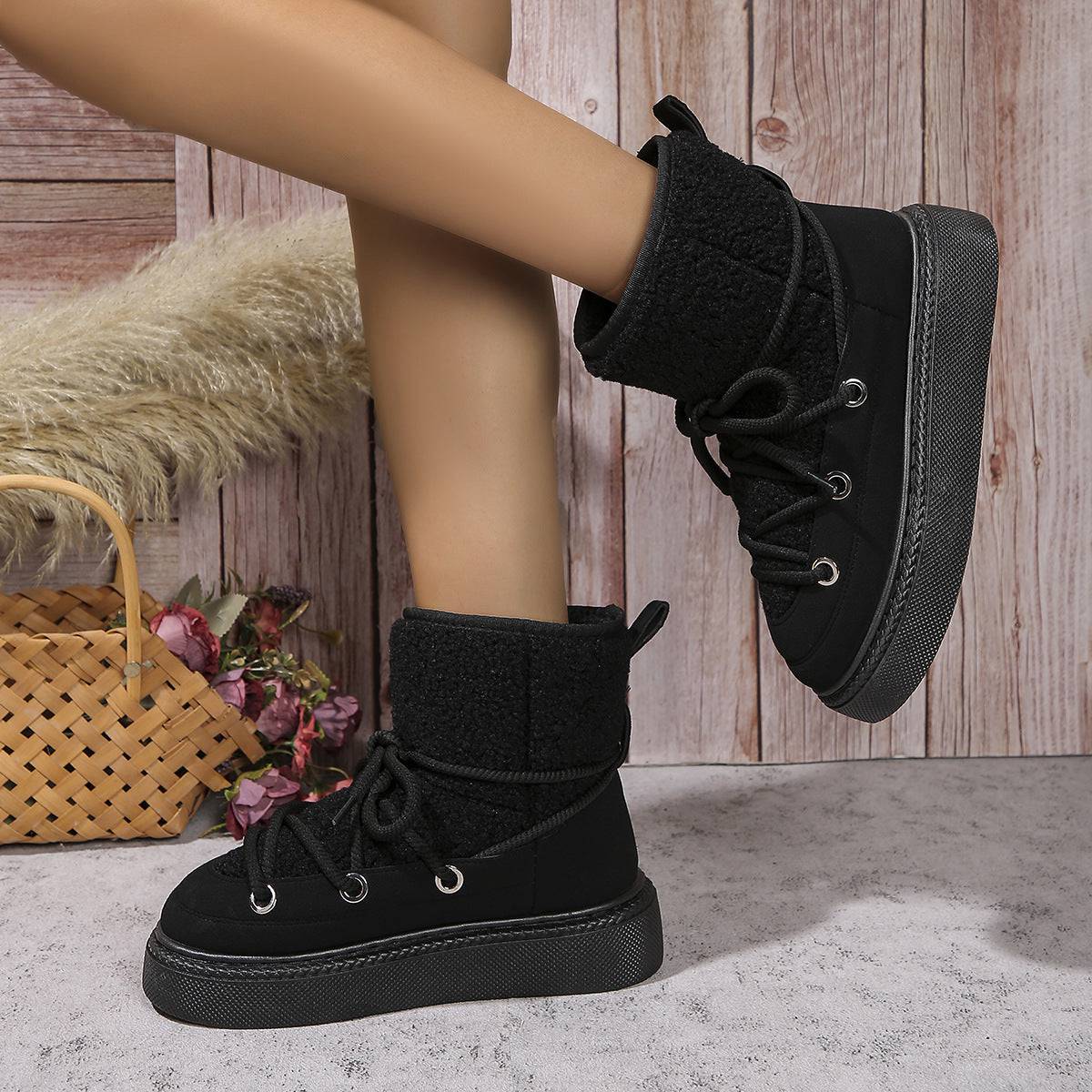 Fashion Lace-up Snow Boots Winter Flat Thick-soled Height-enhancing Cotton Shoes For Women Casual Warm Short Boot - ALL-IN-ONE GENSTORE & SERVICES