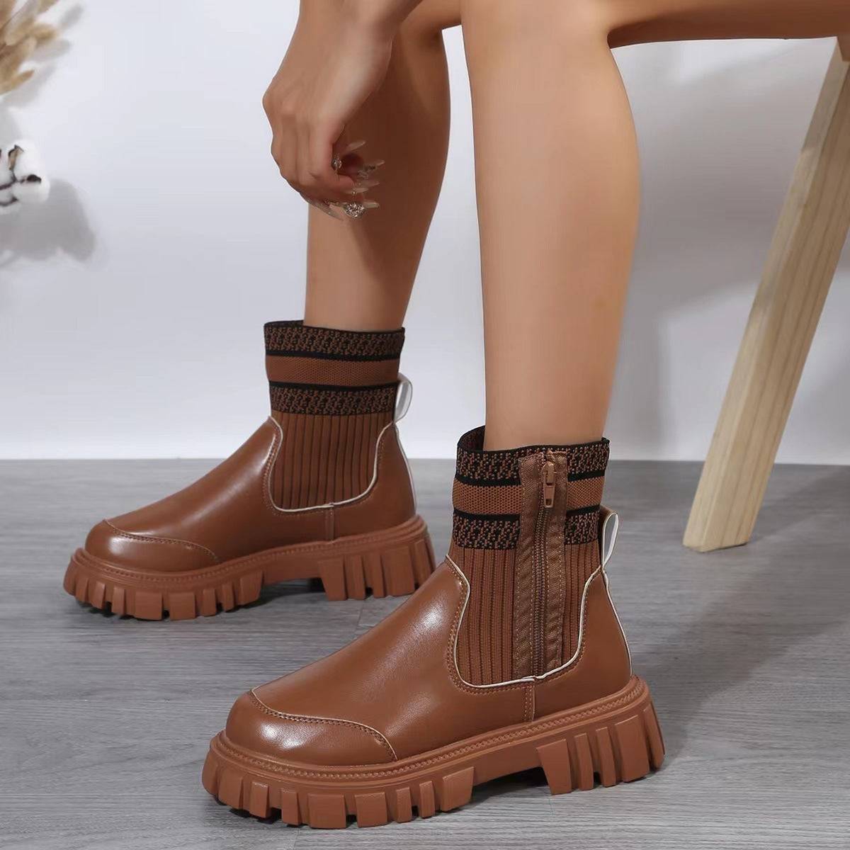 Fashion Mid-tube Boots With Zipper Design Non-slip Thick Sole Elastic Knitted Patchwork Boots For Women Round Toe Shoes Winter - ALL-IN-ONE GENSTORE & SERVICES