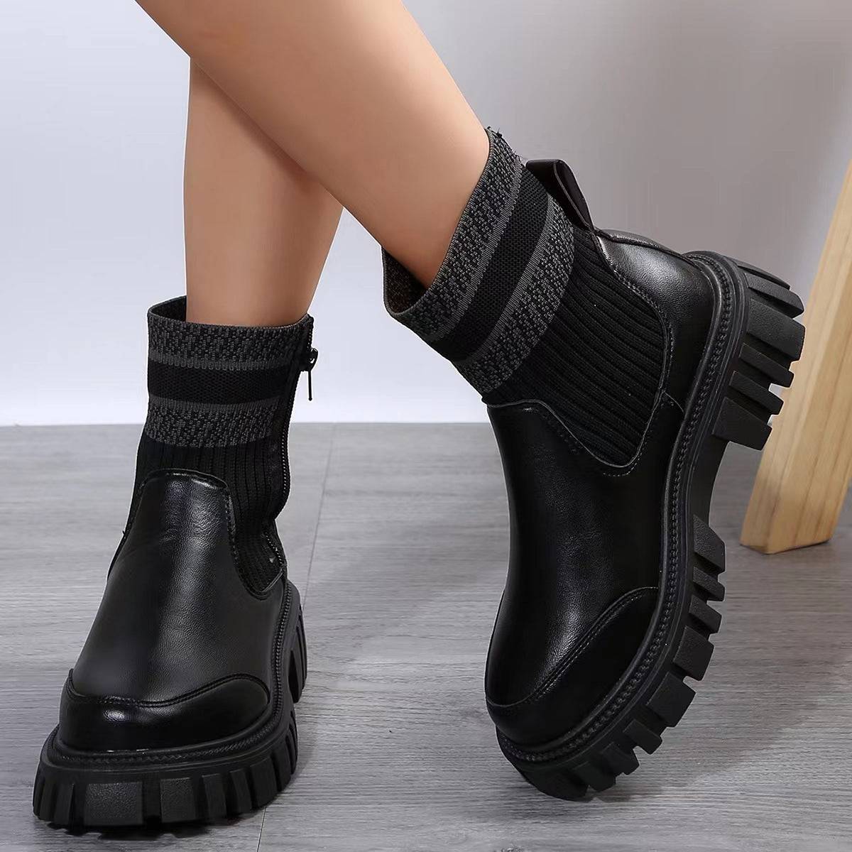 Fashion Mid-tube Boots With Zipper Design Non-slip Thick Sole Elastic Knitted Patchwork Boots For Women Round Toe Shoes Winter - ALL-IN-ONE GENSTORE & SERVICES
