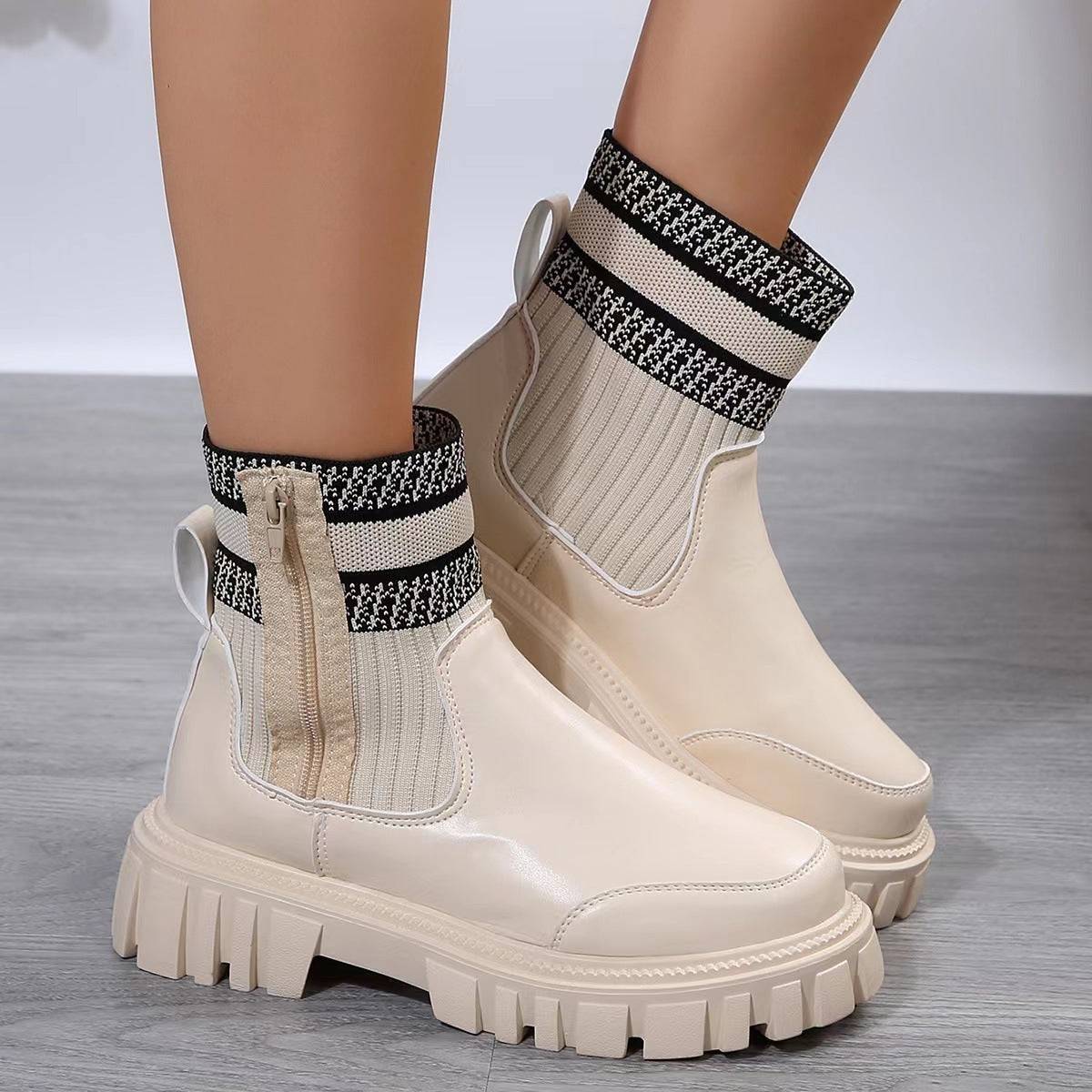 Fashion Mid-tube Boots With Zipper Design Non-slip Thick Sole Elastic Knitted Patchwork Boots For Women Round Toe Shoes Winter - ALL-IN-ONE GENSTORE & SERVICES