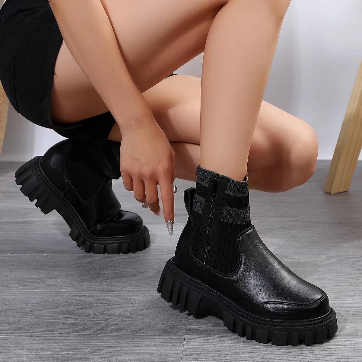 Fashion Mid-tube Boots With Zipper Design Non-slip Thick Sole Elastic Knitted Patchwork Boots For Women Round Toe Shoes Winter - ALL-IN-ONE GENSTORE & SERVICES