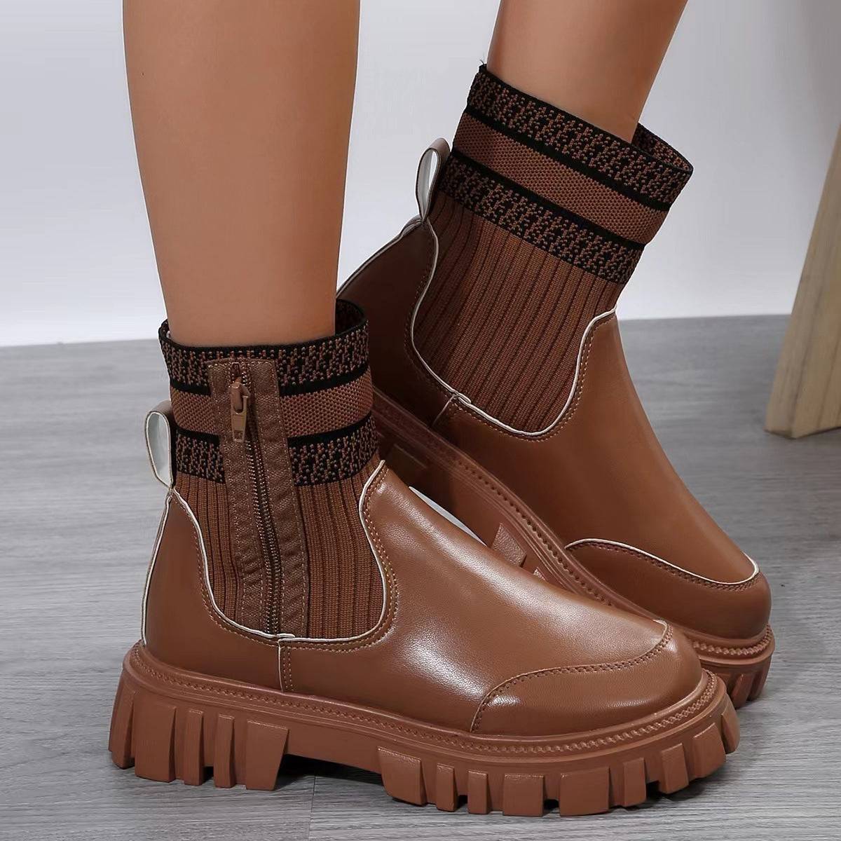 Fashion Mid-tube Boots With Zipper Design Non-slip Thick Sole Elastic Knitted Patchwork Boots For Women Round Toe Shoes Winter - ALL-IN-ONE GENSTORE & SERVICES