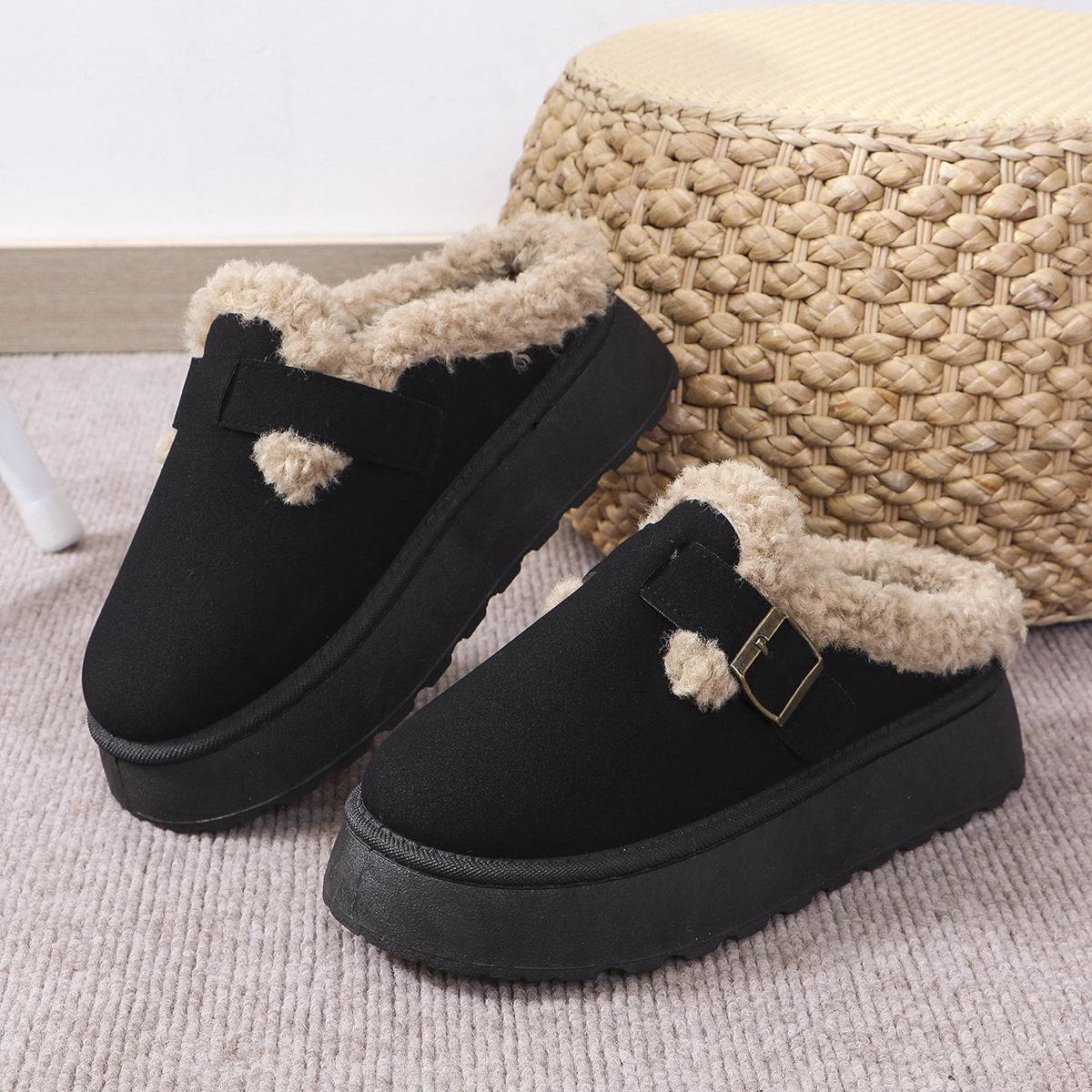 Fashion Thick-soled Plush Buckle Cotton Slippers Winter Indoor And Outdoor Casual Warm Shoes Women Garden Slipper - ALL-IN-ONE GENSTORE & SERVICES