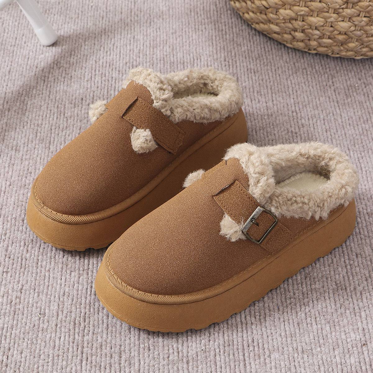 Fashion Thick-soled Plush Buckle Cotton Slippers Winter Indoor And Outdoor Casual Warm Shoes Women Garden Slipper - ALL-IN-ONE GENSTORE & SERVICES