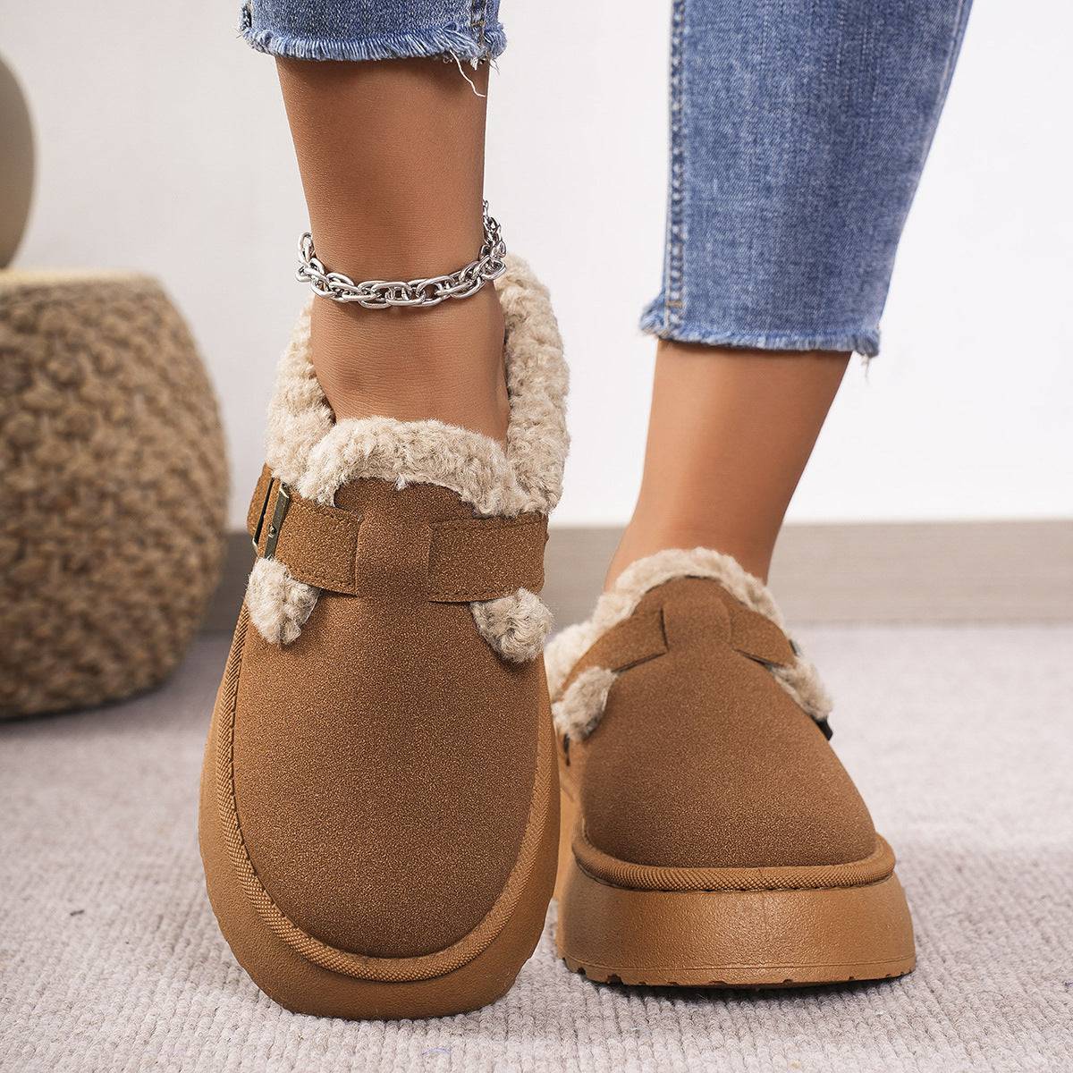 Fashion Thick-soled Plush Buckle Cotton Slippers Winter Indoor And Outdoor Casual Warm Shoes Women Garden Slipper - ALL-IN-ONE GENSTORE & SERVICES