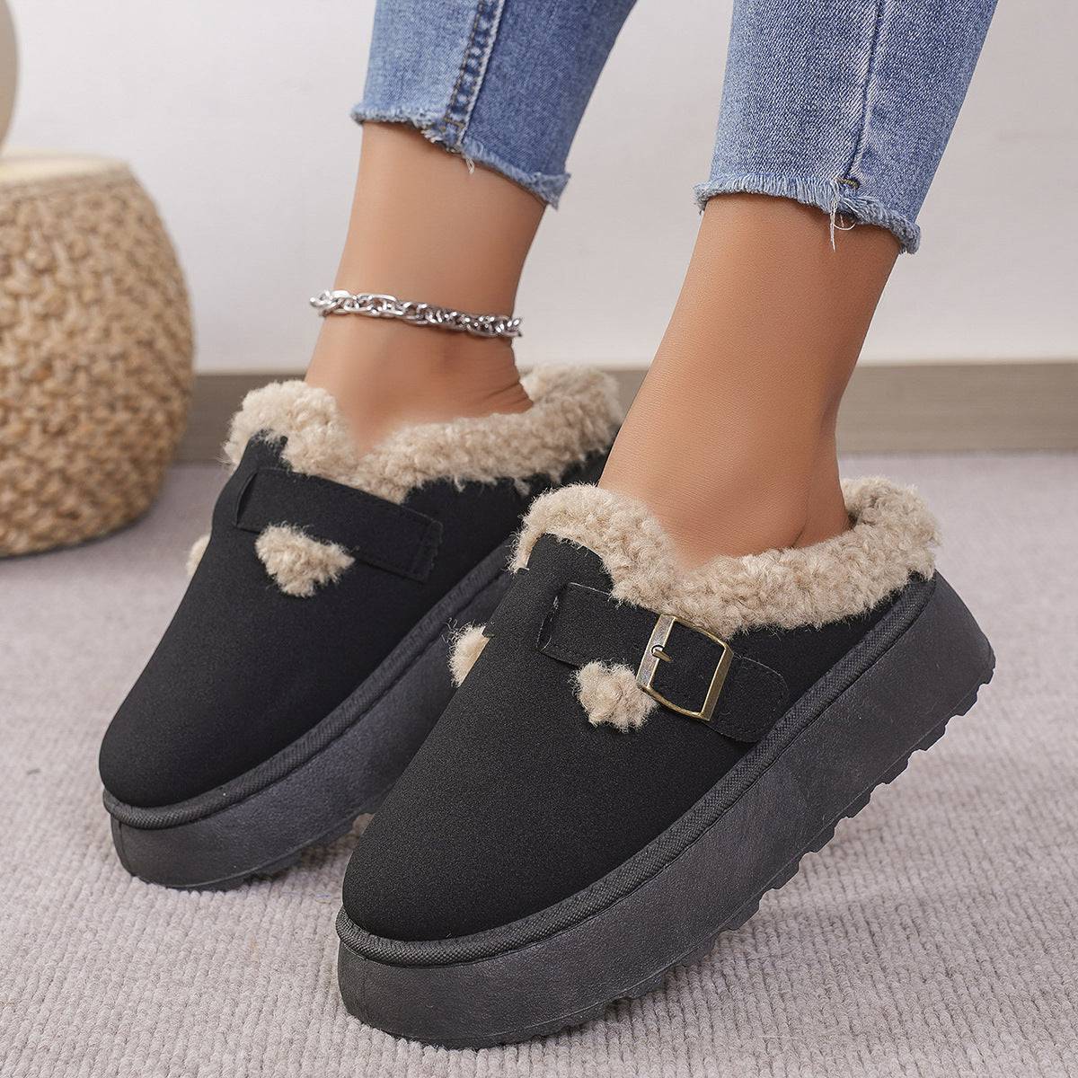Fashion Thick-soled Plush Buckle Cotton Slippers Winter Indoor And Outdoor Casual Warm Shoes Women Garden Slipper - ALL-IN-ONE GENSTORE & SERVICES
