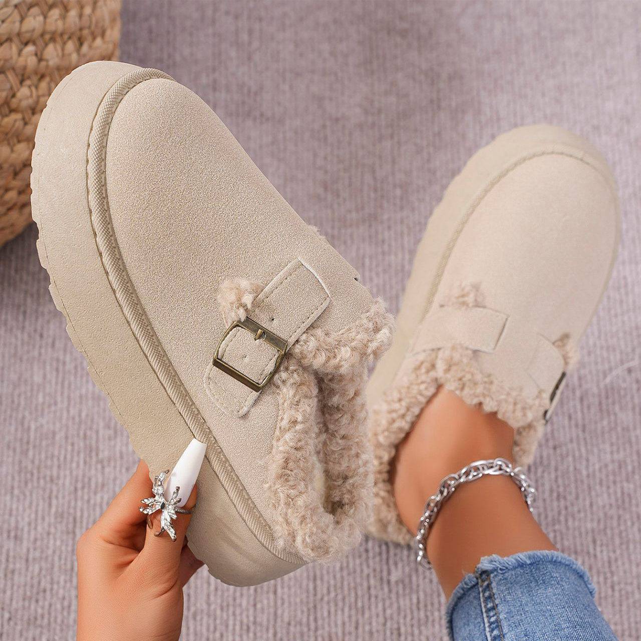 Fashion Thick-soled Plush Buckle Cotton Slippers Winter Indoor And Outdoor Casual Warm Shoes Women Garden Slipper - ALL-IN-ONE GENSTORE & SERVICES