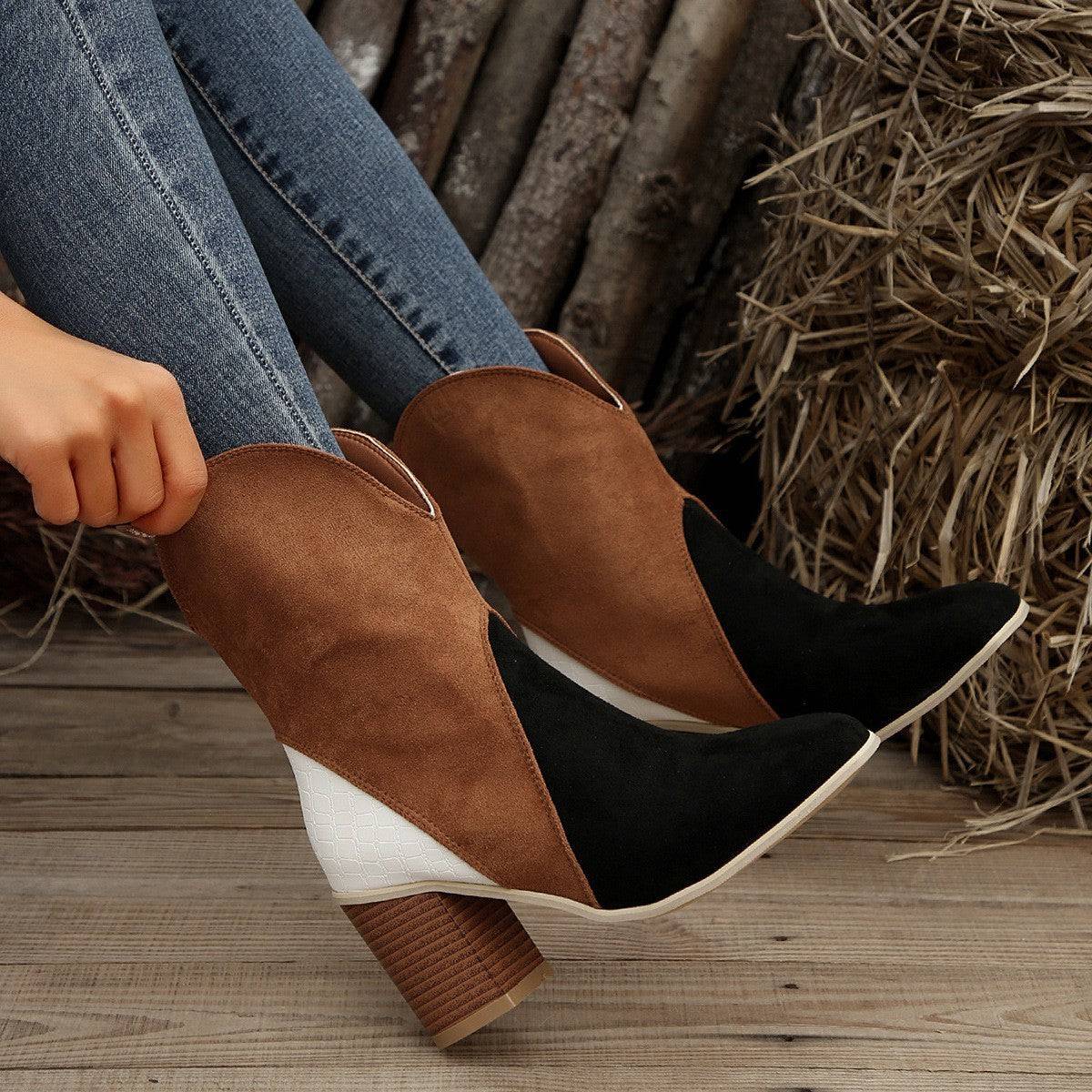 Fashion Splicing Suede Boots Retro Pointed-toe Square High Heel Mid-calf Boots For Women Fall And Winter Shoes - ALL-IN-ONE GENSTORE & SERVICES