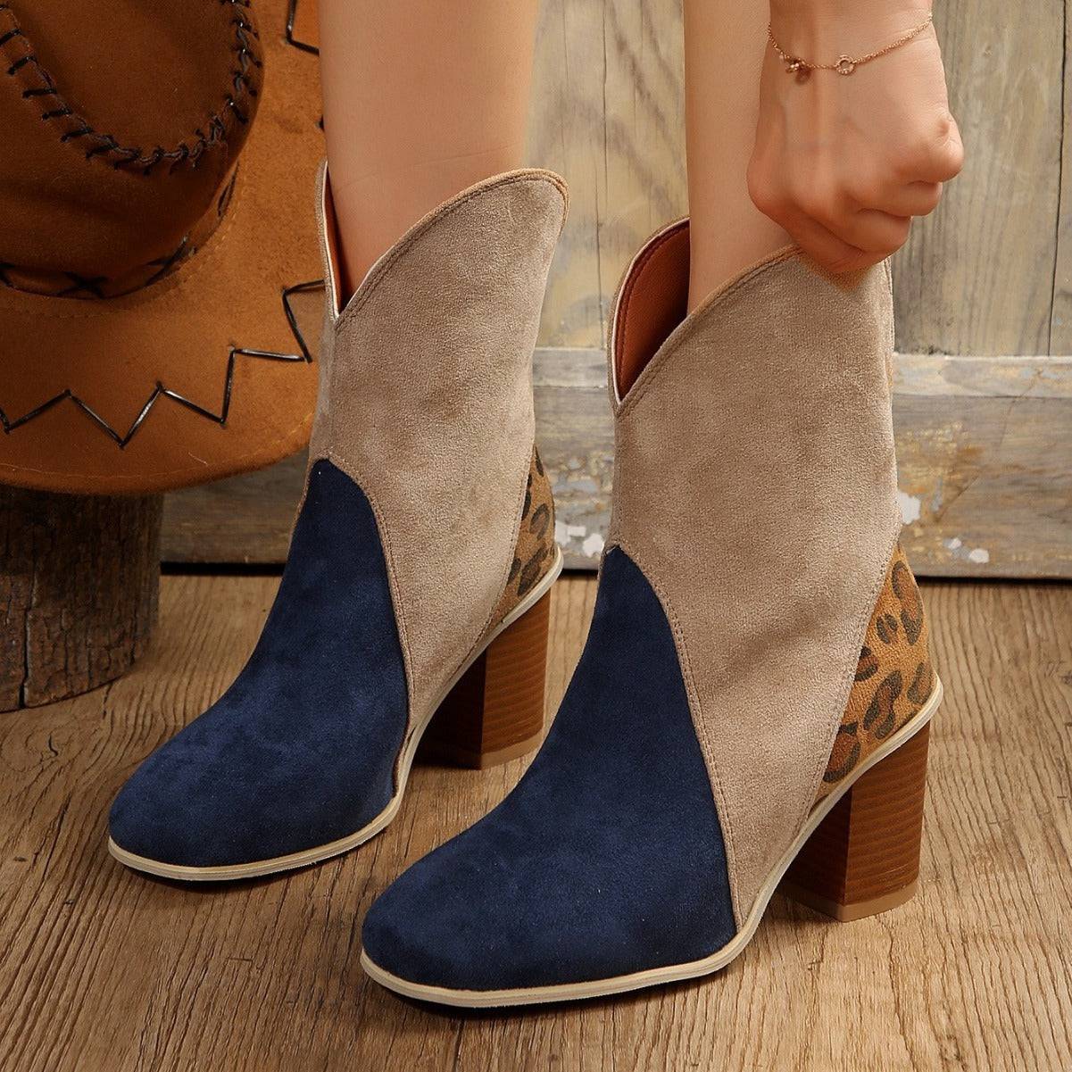 Fashion Splicing Suede Boots Retro Pointed-toe Square High Heel Mid-calf Boots For Women Fall And Winter Shoes - ALL-IN-ONE GENSTORE & SERVICES