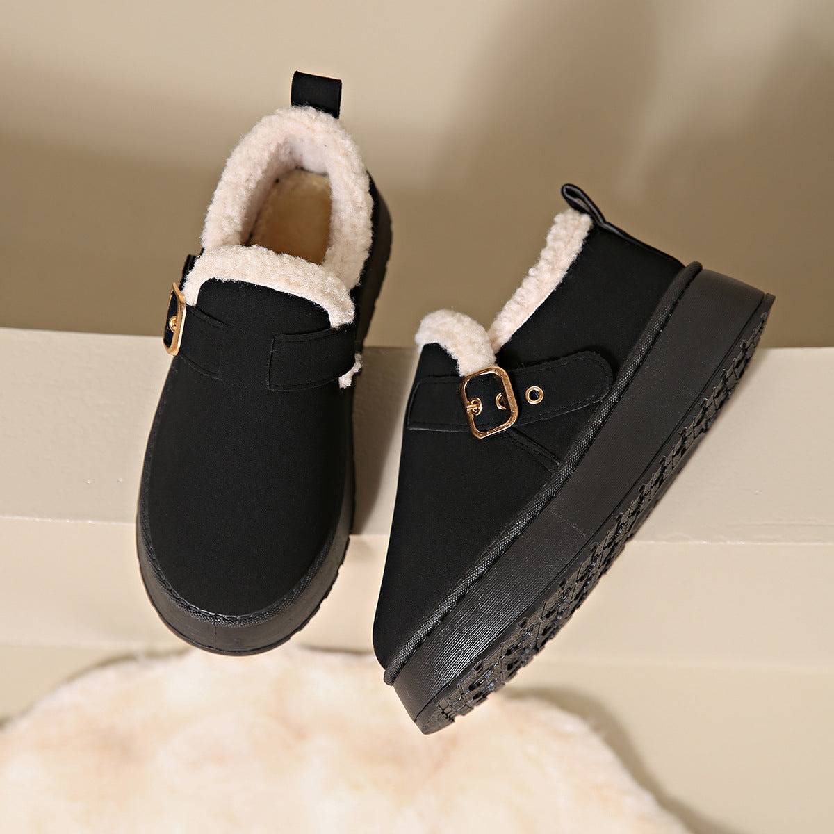 Fashion Round Toe Ankle Boots With Buckle Design Winter Warm Thickened Cotton Shoes Suede Flat Boot For Women - ALL-IN-ONE GENSTORE & SERVICES