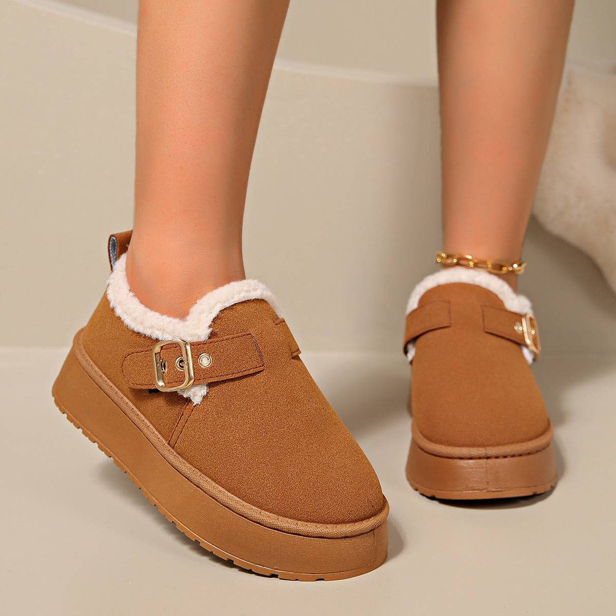 Fashion Round Toe Ankle Boots With Buckle Design Winter Warm Thickened Cotton Shoes Suede Flat Boot For Women - ALL-IN-ONE GENSTORE & SERVICES