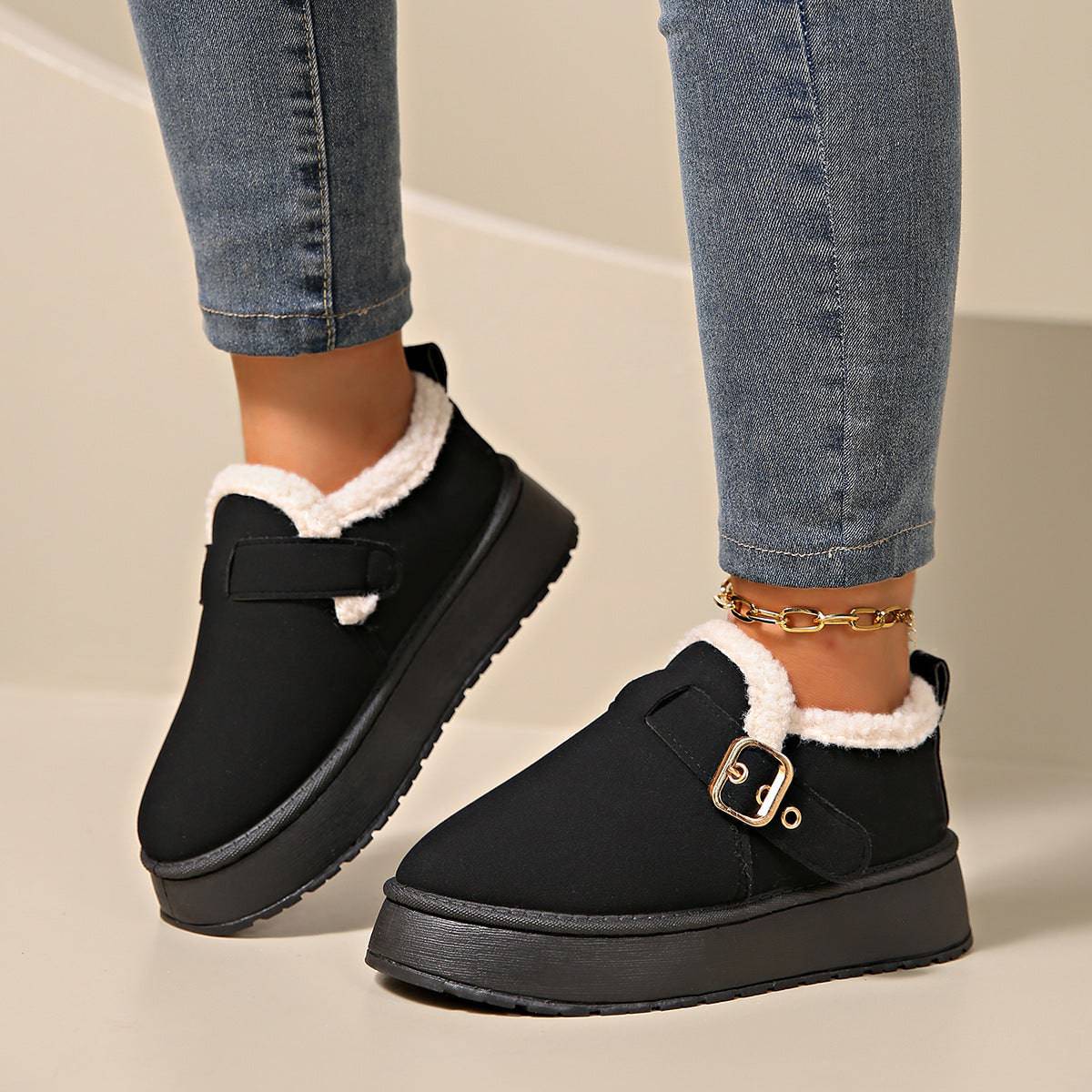 Fashion Round Toe Ankle Boots With Buckle Design Winter Warm Thickened Cotton Shoes Suede Flat Boot For Women - ALL-IN-ONE GENSTORE & SERVICES