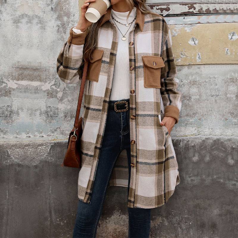New Brushed Plaid Long Coat With Pockets Fashion Winter Jacket Outwear Women's Clothing - ALL-IN-ONE GENSTORE & SERVICES