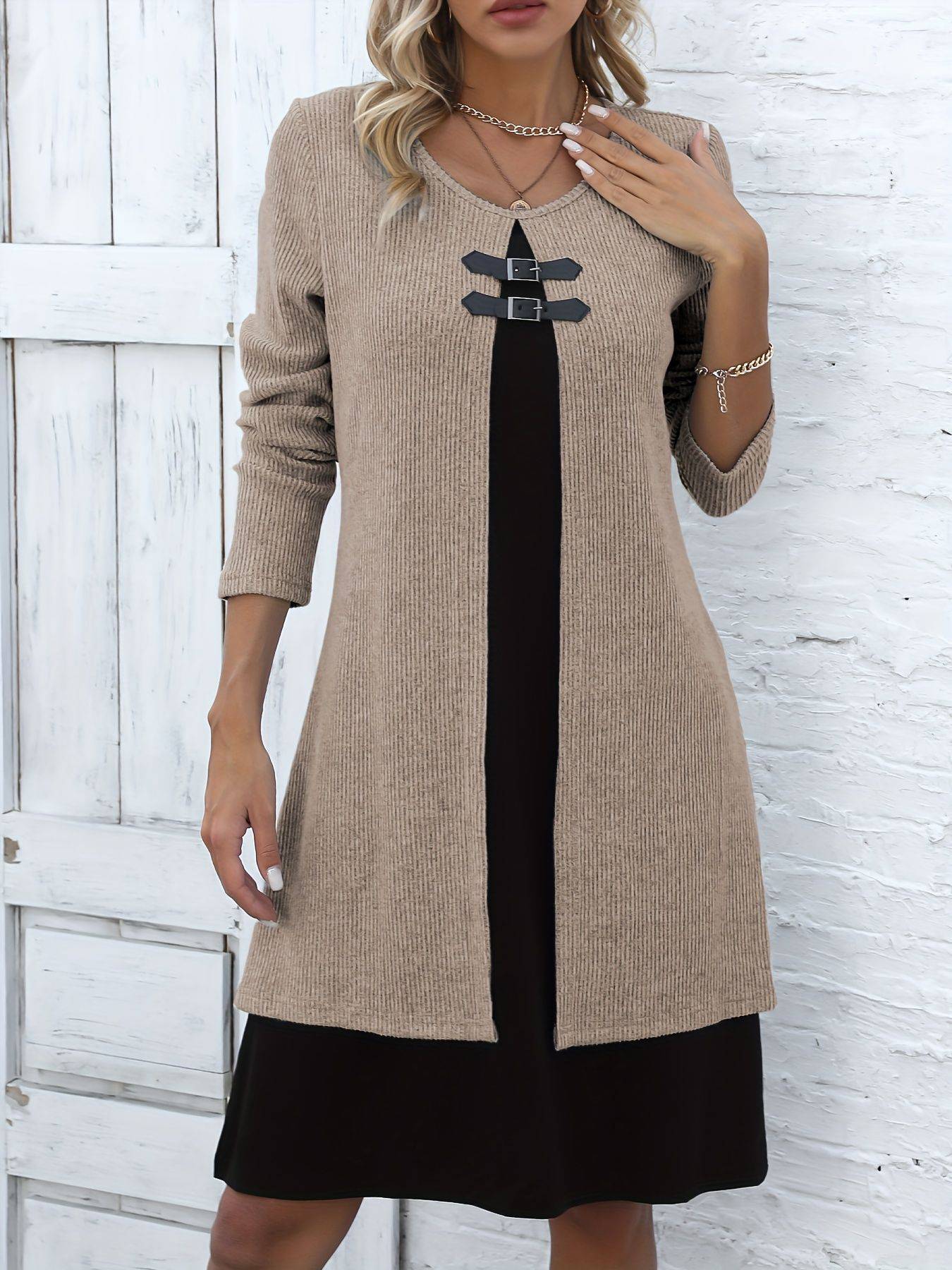 Contrast-color Sweater Dress With Buckle Design Fashion Round-neck Long-sleeved A-line Dresses Fall Wainter Women's Clothing - ALL-IN-ONE GENSTORE & SERVICES