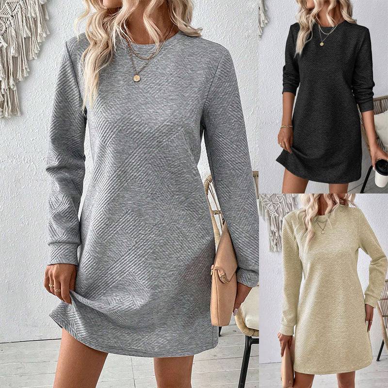 Fall Oblique Checkered Texture Dress Fashion Casual Solid Color Round Neck Long-sleeved Women's Clothing - ALL-IN-ONE GENSTORE & SERVICES
