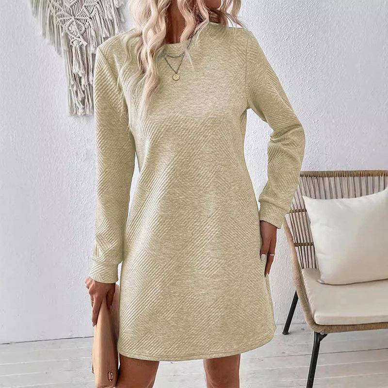 Fall Oblique Checkered Texture Dress Fashion Casual Solid Color Round Neck Long-sleeved Women's Clothing - ALL-IN-ONE GENSTORE & SERVICES