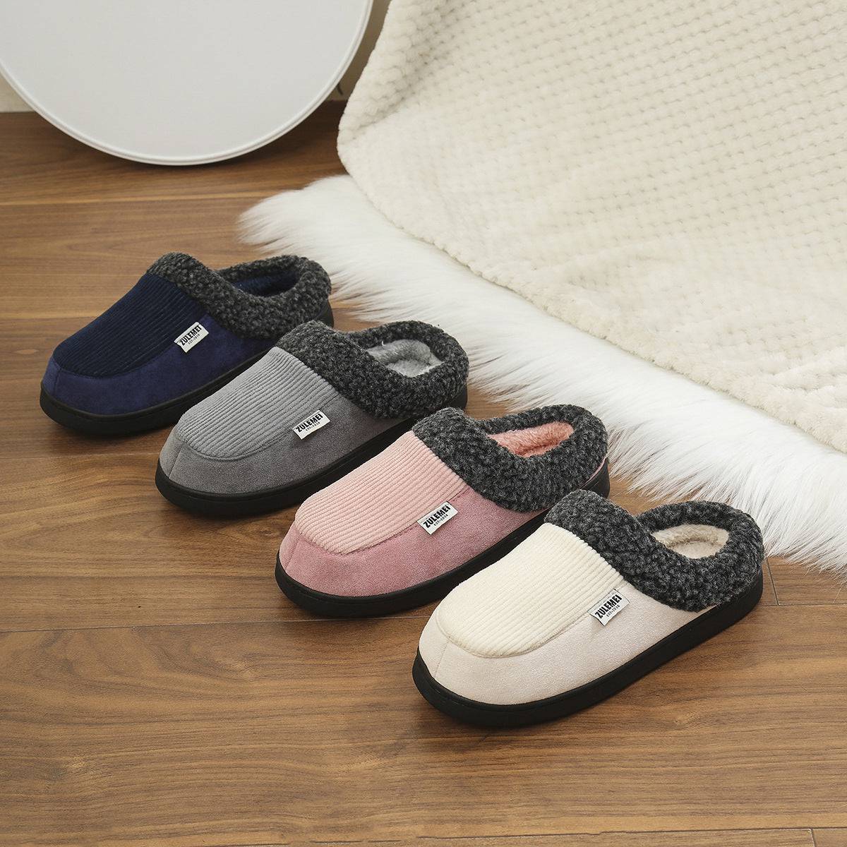Fashion Solid Striped Cotton Slippers Winter Warm Indoor Bedroom Floor Slipper For Couples Non-slip Thick Sole House Shoes - ALL-IN-ONE GENSTORE & SERVICES