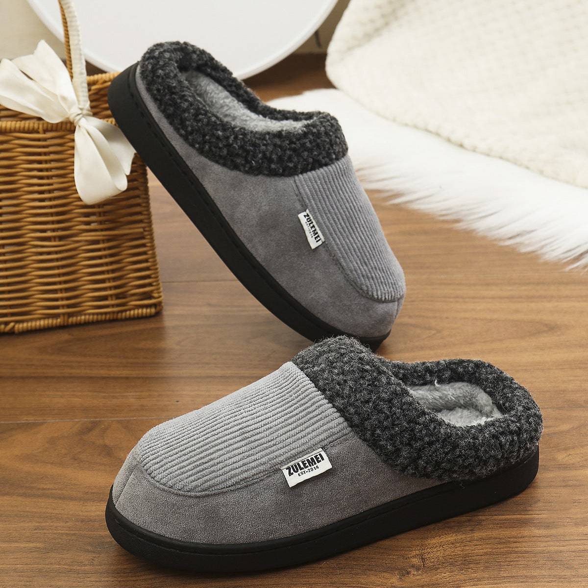 Fashion Solid Striped Cotton Slippers Winter Warm Indoor Bedroom Floor Slipper For Couples Non-slip Thick Sole House Shoes - ALL-IN-ONE GENSTORE & SERVICES