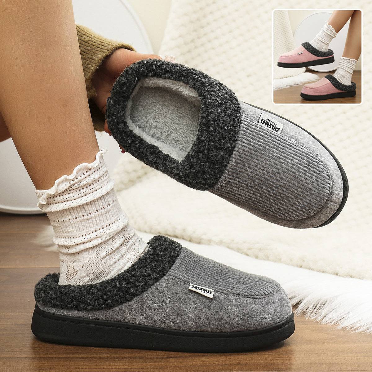 Fashion Solid Striped Cotton Slippers Winter Warm Indoor Bedroom Floor Slipper For Couples Non-slip Thick Sole House Shoes - ALL-IN-ONE GENSTORE & SERVICES