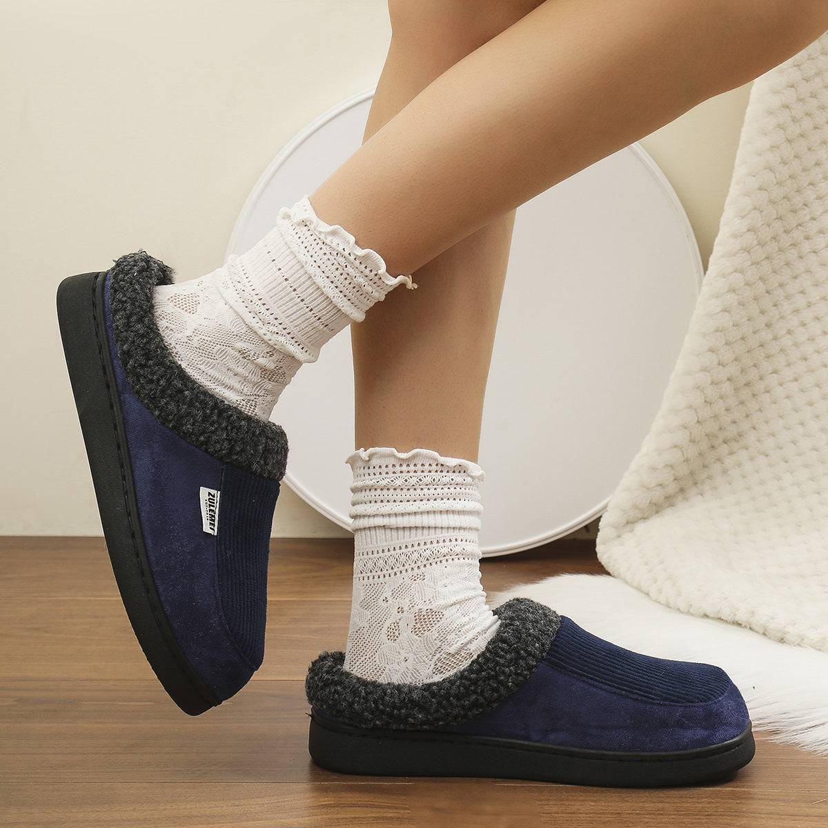 Fashion Solid Striped Cotton Slippers Winter Warm Indoor Bedroom Floor Slipper For Couples Non-slip Thick Sole House Shoes - ALL-IN-ONE GENSTORE & SERVICES