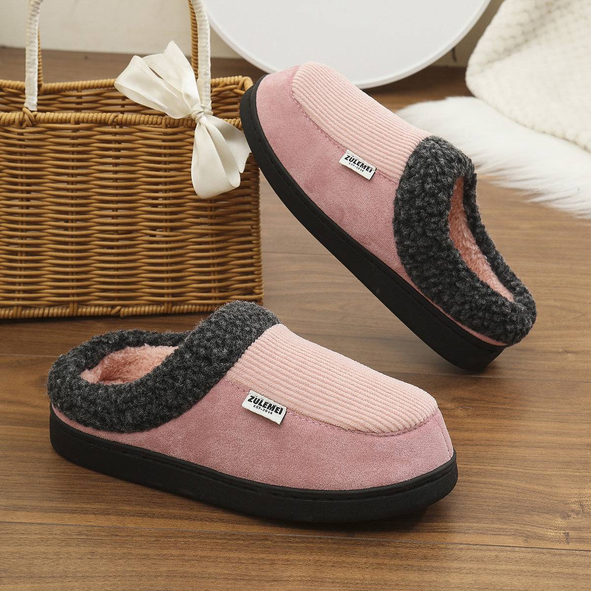 Fashion Solid Striped Cotton Slippers Winter Warm Indoor Bedroom Floor Slipper For Couples Non-slip Thick Sole House Shoes - ALL-IN-ONE GENSTORE & SERVICES