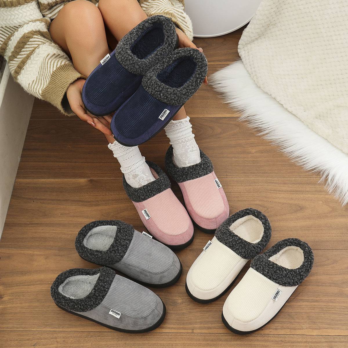 Fashion Solid Striped Cotton Slippers Winter Warm Indoor Bedroom Floor Slipper For Couples Non-slip Thick Sole House Shoes - ALL-IN-ONE GENSTORE & SERVICES