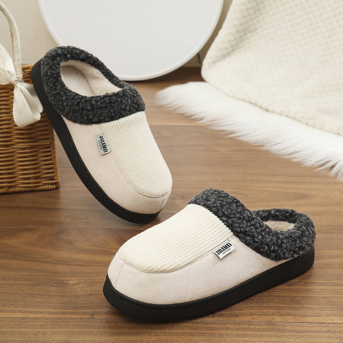 Fashion Solid Striped Cotton Slippers Winter Warm Indoor Bedroom Floor Slipper For Couples Non-slip Thick Sole House Shoes - ALL-IN-ONE GENSTORE & SERVICES