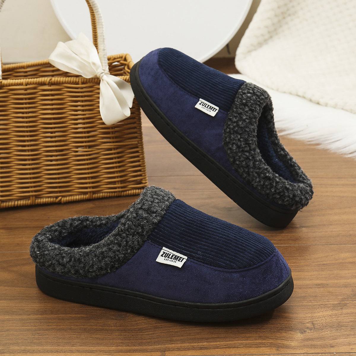 Fashion Solid Striped Cotton Slippers Winter Warm Indoor Bedroom Floor Slipper For Couples Non-slip Thick Sole House Shoes - ALL-IN-ONE GENSTORE & SERVICES