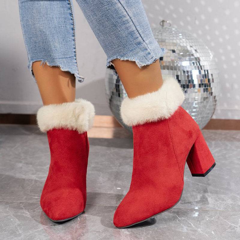 New Plaid Print Plush Ankle Boots Winter Fashoin Square Heel Suede Boots Women Casual Versatile Shoes Autumn And Winter - ALL-IN-ONE GENSTORE & SERVICES